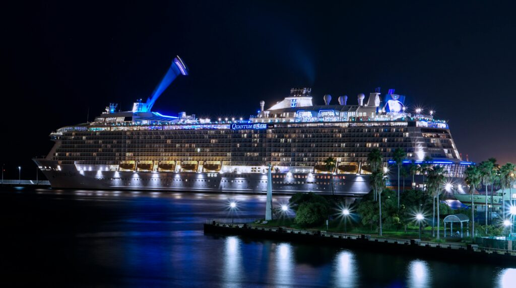 Lighted ocean cruise ship at night