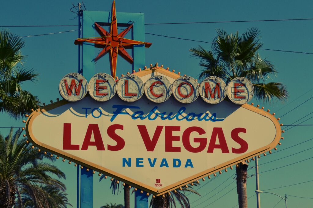 The famous Welcome to Las Vegas sign. The 25-foot-tall sign is located in the median at 5100 Las Vegas Boulevard South. The sign marks the classic start to the famous Las Vegas Strip.